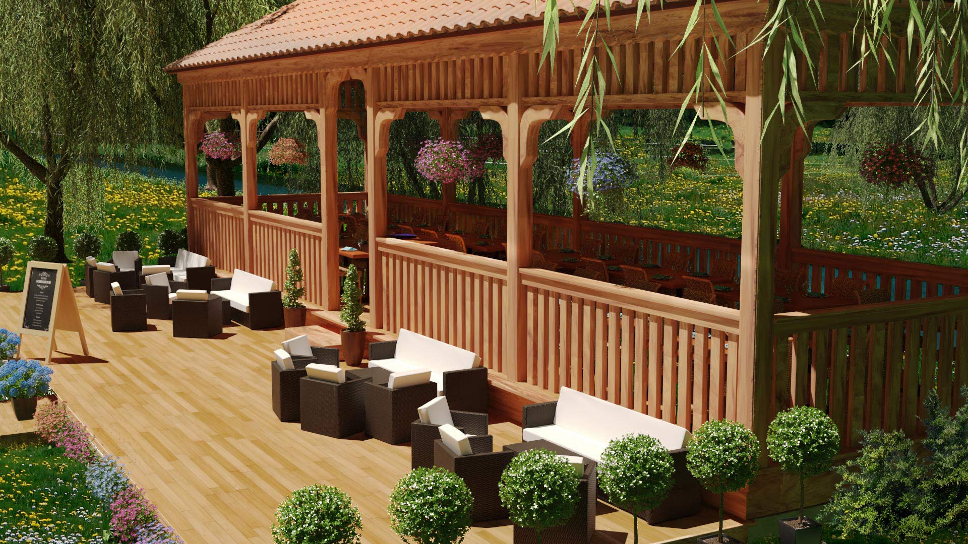 Terrasse restaurant champêtre en bord de rivière, modélisation 3d - Graphiste architecture 3d freelance 