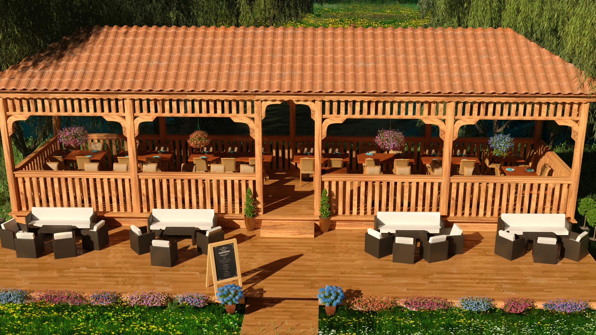 Graphiste Modélisation 3d restaurant terrasse couverte en bois