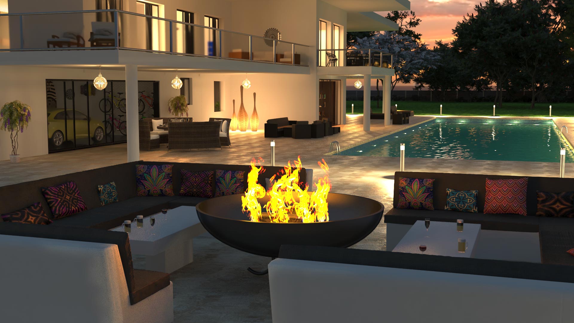 Villa avec piscine, vue sur le brasero lounge. Visualisation architecturale par Marina Sije, Graphiste 3d freelance.