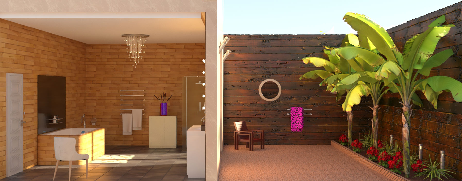 Décoratrice d'intérieur, création, aménagement et décoration d'une salle de bain avec terrasse fermée en 3d