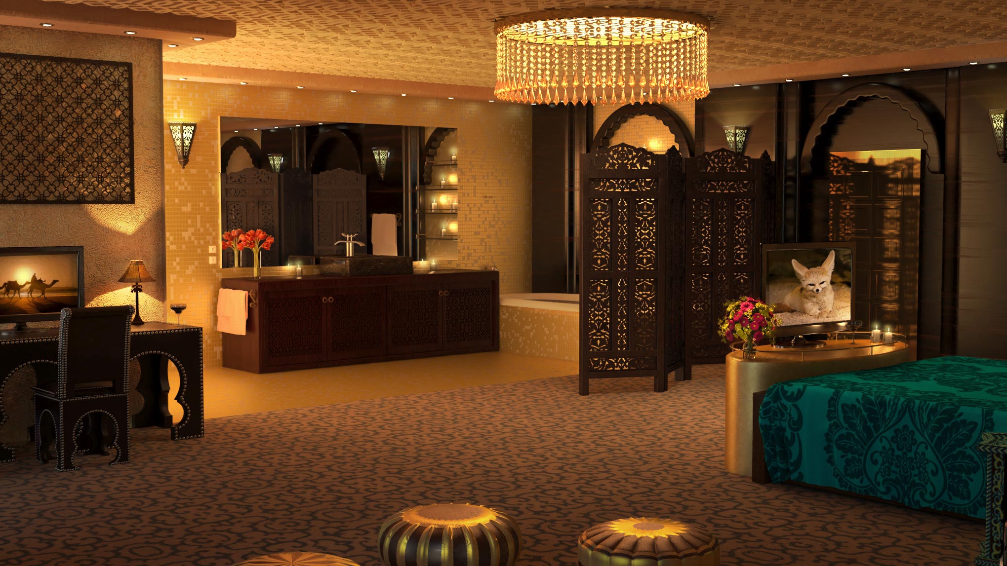 Graphiste 3d architecture d'intérieur, designer et modélisation d'une chambre suite pour l'hôtellerie de luxe