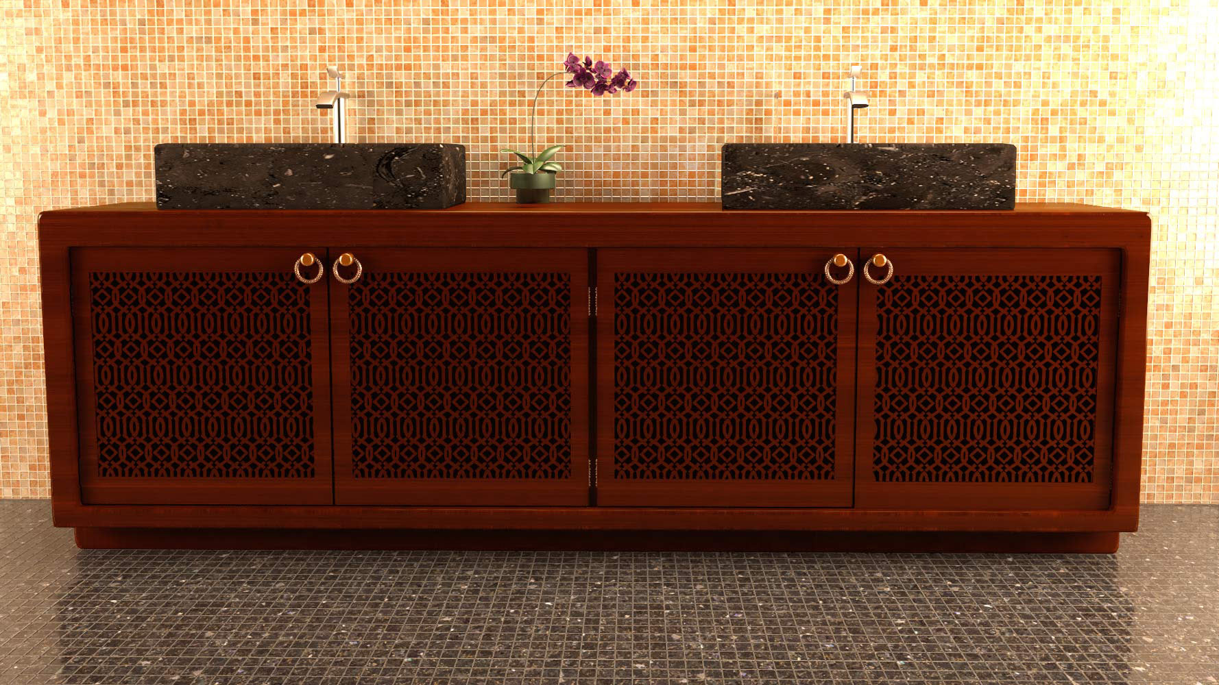 Graphiste 3d design de mobilier - meuble de salle de bain ou buffet en bois sculpté ajouré